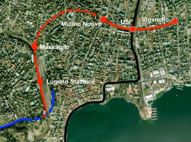 Kosten-/ Nutzeneffekt für das Vorhaben von 270 Millionen Fr. der Tunnelvariante äusserst fragwürdig. Die Endstation des Trams in Lugano ist oberirdisch im Corso Pestalozzi vorgesehen.
