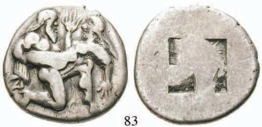 im Löwenfell / Thronender Zeus hält Zepter und Adler, Beizeichen Pegasusprotome, Monogramm.