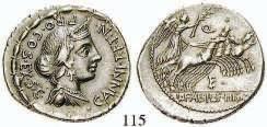 Köpfe der Dioskuren in Janusform / Jupiter in einer von Victoria gelenkten Quadriga, unten ROMA. Cr.28/3. ss 320,- 113 Mn. Fonteius, 108-107 v.chr.