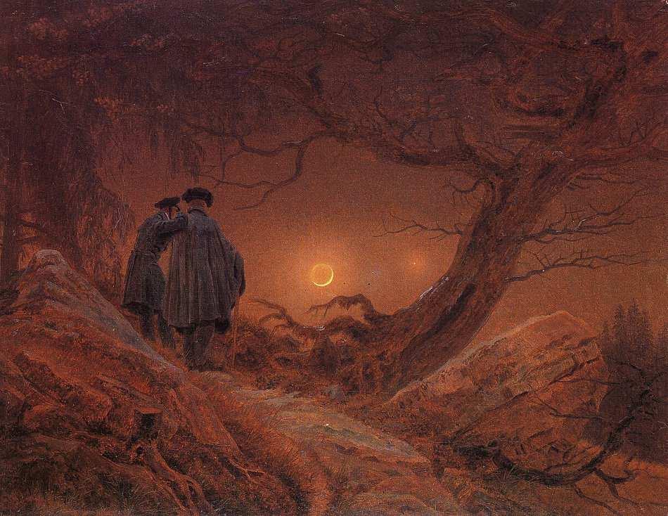 Bild: Caspar David Friedrich: Zwei Männer in Betrachtung des Mondes. Woran mögen die Männer denken?