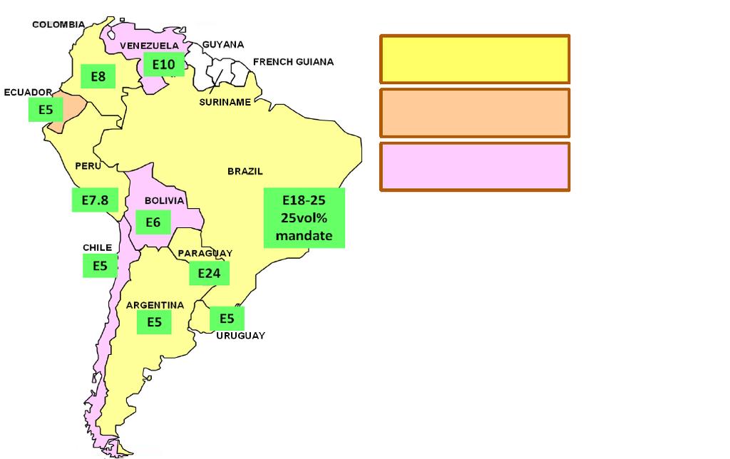 Ethanolbeimischungsverhältnisse in Südamerika Landesweit Vorgeschrieben Regional Vorgeschrieben Erlaubt (nicht Vorgeschrieben) - Peru und Argentinien führen