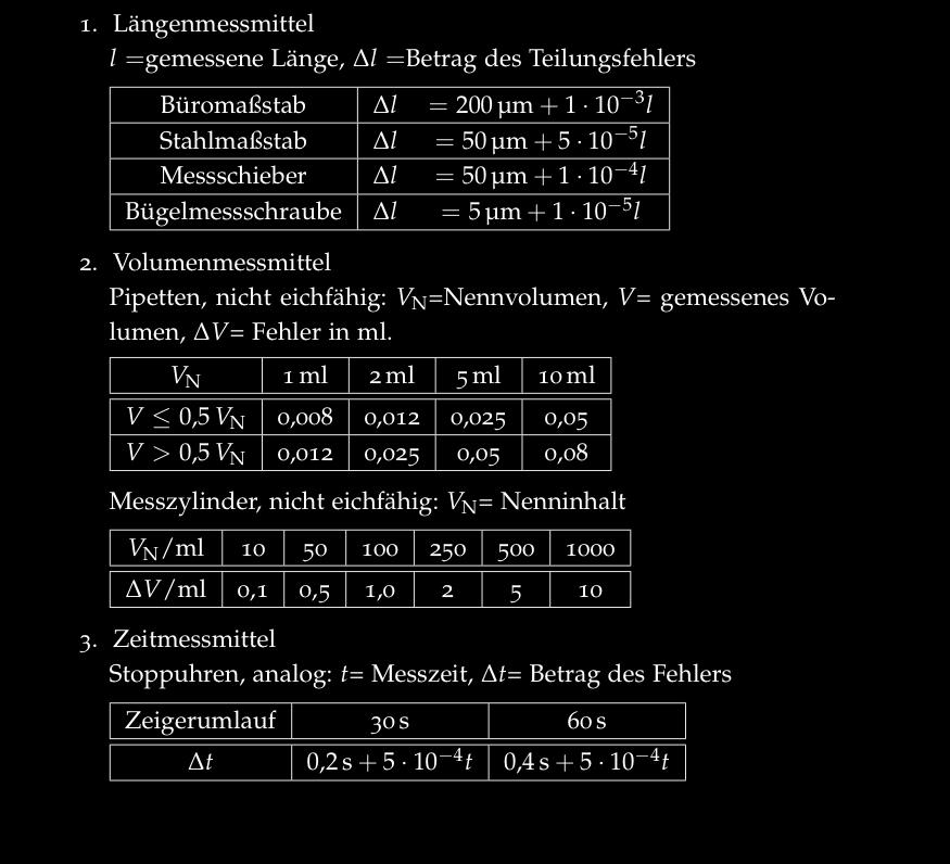 Anhang Tabelle Systematischer Restfehler (aus dem Skript der Universität Bremen Hinweise zum Praktikum