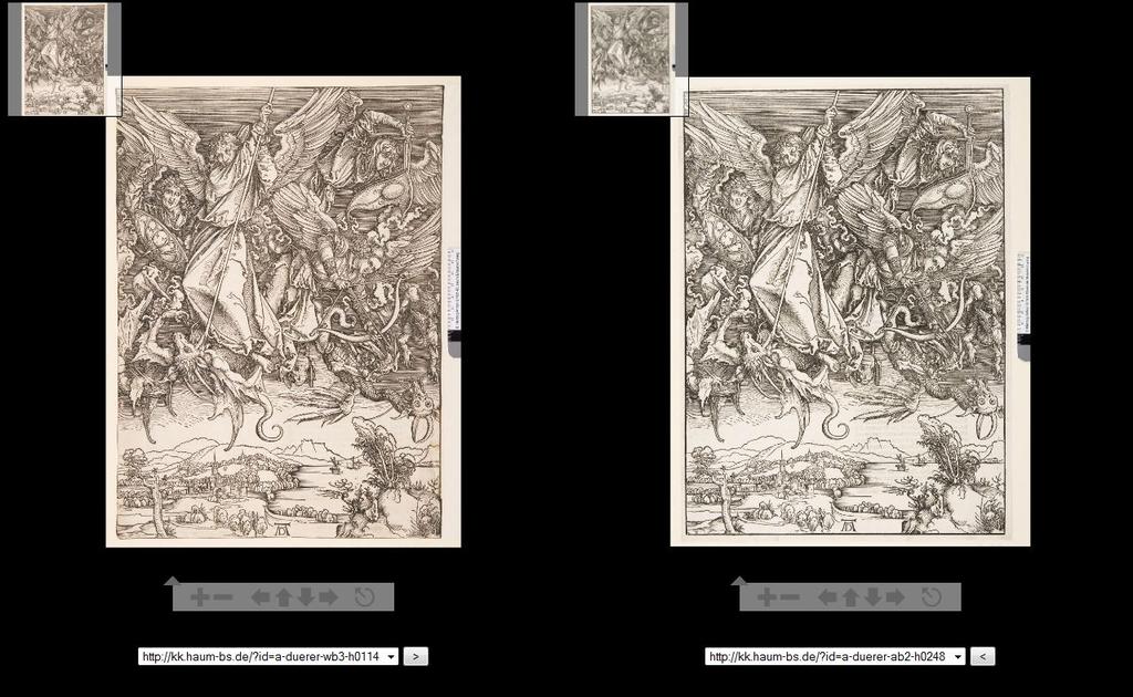Albrecht Dürer, Michaels Kampf mit dem Drachen, links: Abdruck von 1511; rechts: Abdruck von 1498