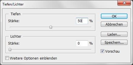 Das Kontrollfeld müssen Sie aktivieren Mit Bild/Korrekturen/Tiefen und Lichter öffnen Sie das Dialogfenster.