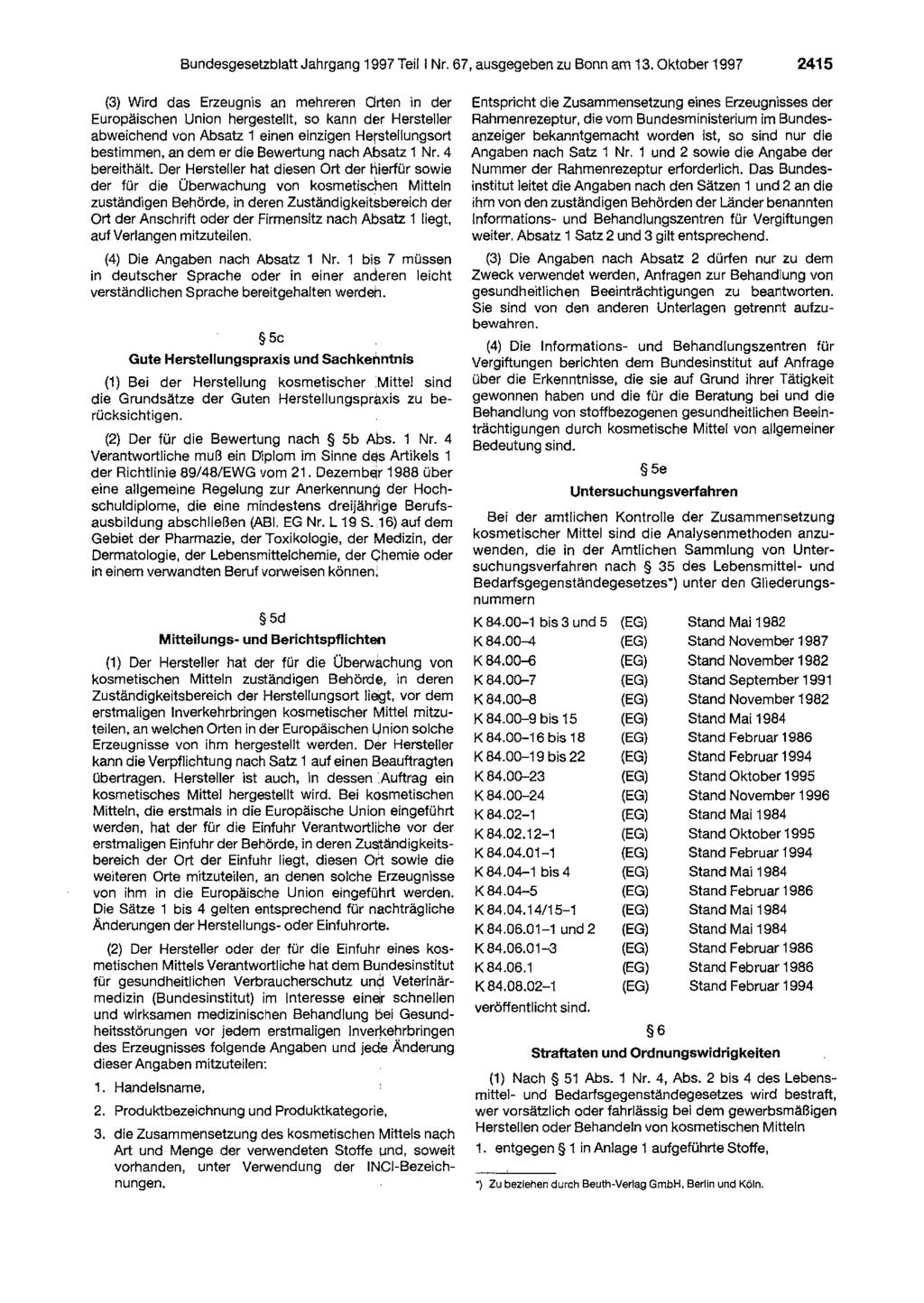 Bundesgesetzblatt Jahrgang 1997 Teil I Nr. 67, ausgegeben zu Bonn am 13.