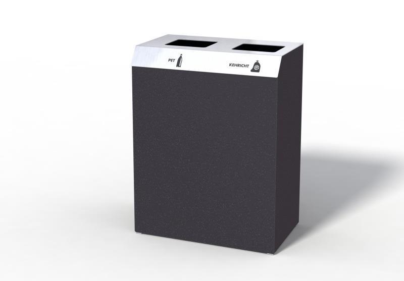 IIII C2-Bin Recyclingstation Wertstoffbehälter mit 2 Fraktionen PET, Abfall, Alu, Papier oder Karton. Zweifraktionsbehälter mit 110l und 60l Abfallvolumen für Schweizer Kehrichtsäcke.