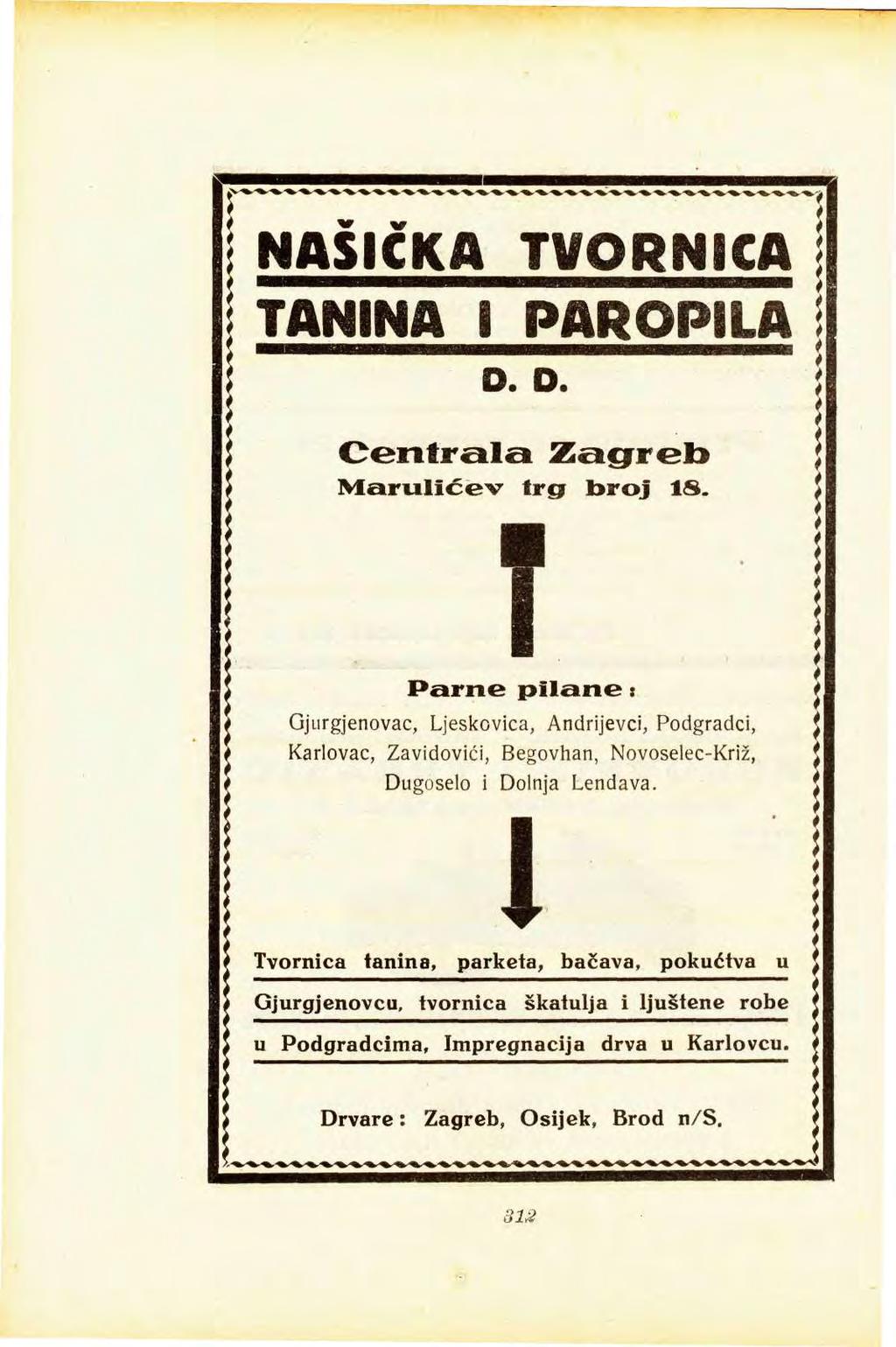 NASKKA TVORN ÇA I TANINA 8 PAROPILA D. D. Centrala Zagrreb Marulićev trg broj 18.