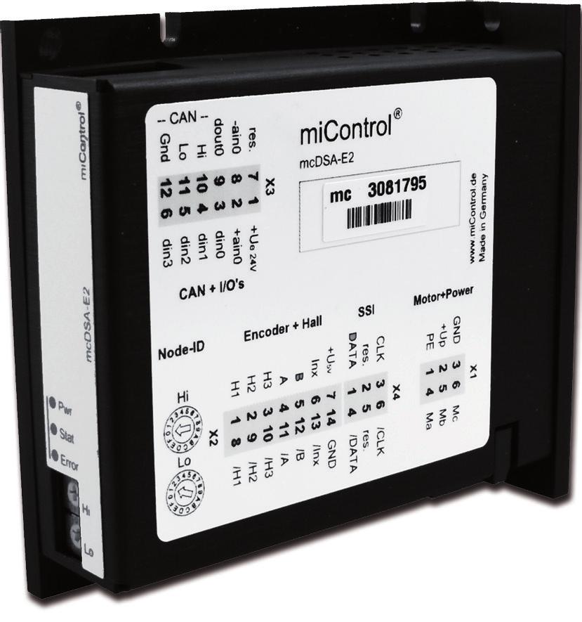 und Übertemperaturüberwachung Statusanzeige Power, Status und Error SPS Funktionalität mit bis zu 1.600 Befehlszeilen und Leistungsstufe inklusive mcdsa-e2 11 Abmessung Anschlussbelegung X1.