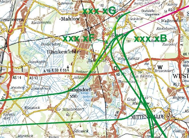 gung nach Dr. Fuld sind für den Bereich Blankenfelde-Mahlow in der Abbildung 1 (grün) dargestellt. Abbildung 1: Veränderte Abflugstrecken der Südumfliegung nach Dr.