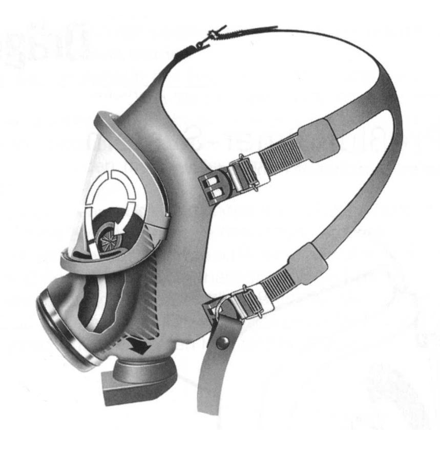 Aufbau von Atemanschlüssen Maskenkörper mit Dichtrahmen Sichtscheibe Bebänderung (einstellbar durch Rollschnallen) Innenmaske mit 2 Steuerventilen