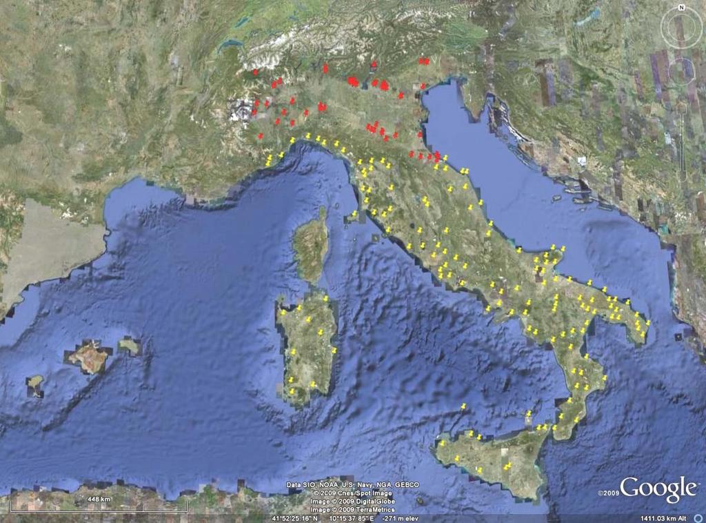 Aktuelle Verbreitung von Leishmania infantum in Italien 2002-08: