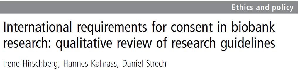 Origin of assessment items for consent in biobank research Items (Biobank) WMA (2008): Declaration of Helsinki 13 CIOMS 