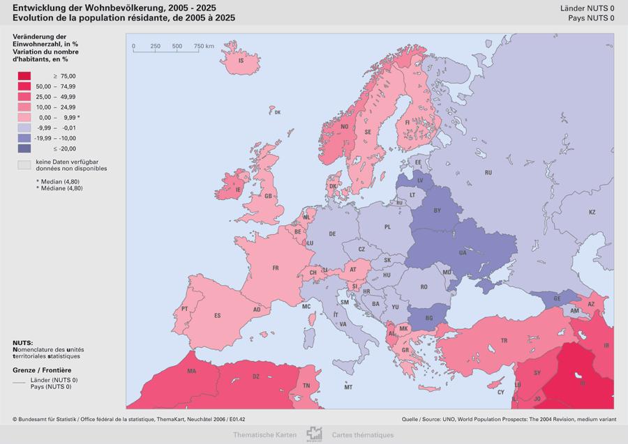 Bevölkerung in Europa, Veränderung 2005-2025