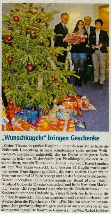 Volksbank Lindenberg Aktion Wunschkugel 2012 und 2013 gab es wieder einen Wunschkugelweihnachtsbaum von der Volksbank.