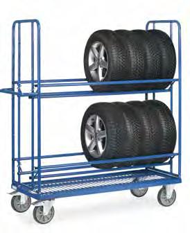 Geeignet für Reifen von 450 bis 750 Ø. Bis zu 8 Reifen oder Räder möglich. 2032 2033 Reifenwagen Stahlrohr-Konstruktion, verschraubt, pulverbeschichtet blau RAL 5007.