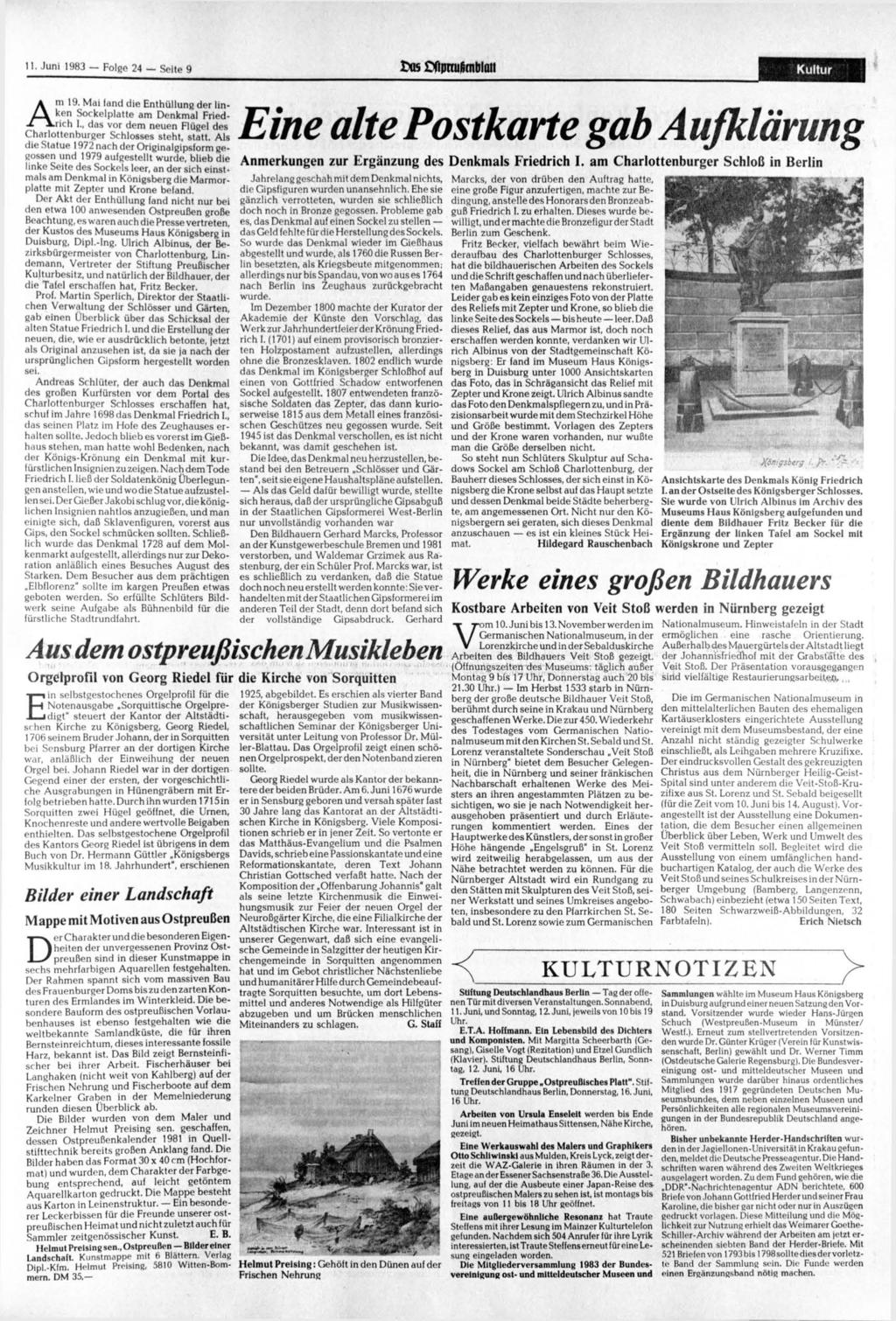 11. 1983 Folge 24 Seite 9 tttt ffpnufimblaii Kultur Am 19. Mai land die Enthüllung der linken Sockelplatte am Denkmal Friedrich I.