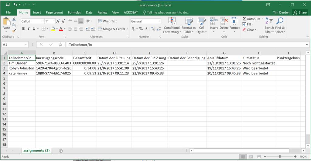 Es wird eine Liste der zugeteilten Kurse angezeigt. Klicken Sie auf Datei herunterladen, um diese Liste als Excel-Tabelle herunterzuladen, die Sie auf Ihrem Computer speichern können.