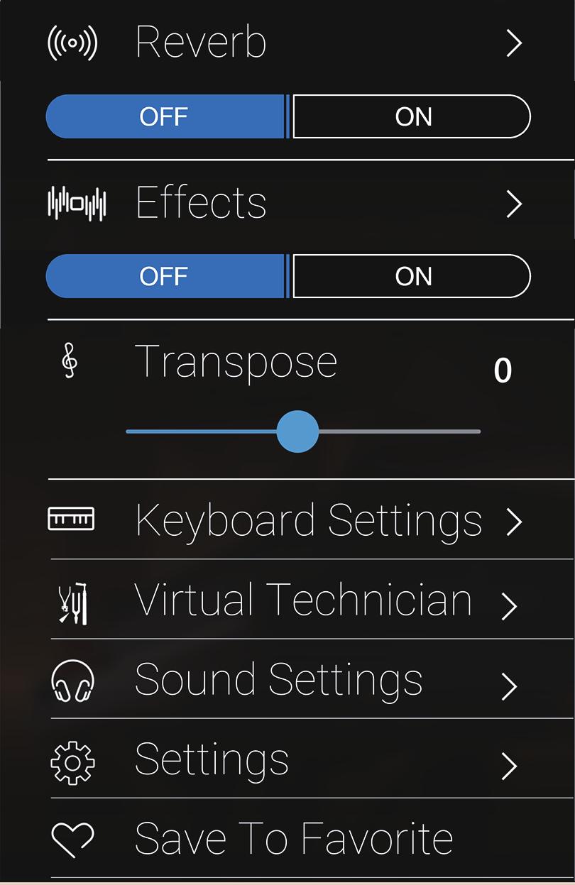 b Reverb ON/OFF (Hall an/aus) (Seite 95) Tippen Sie auf On oder Off, um den Hall ein- oder auszuschalten. c Effects (Effekt) Einstellungen (Seite 96) Tippen Sie auf Effects.