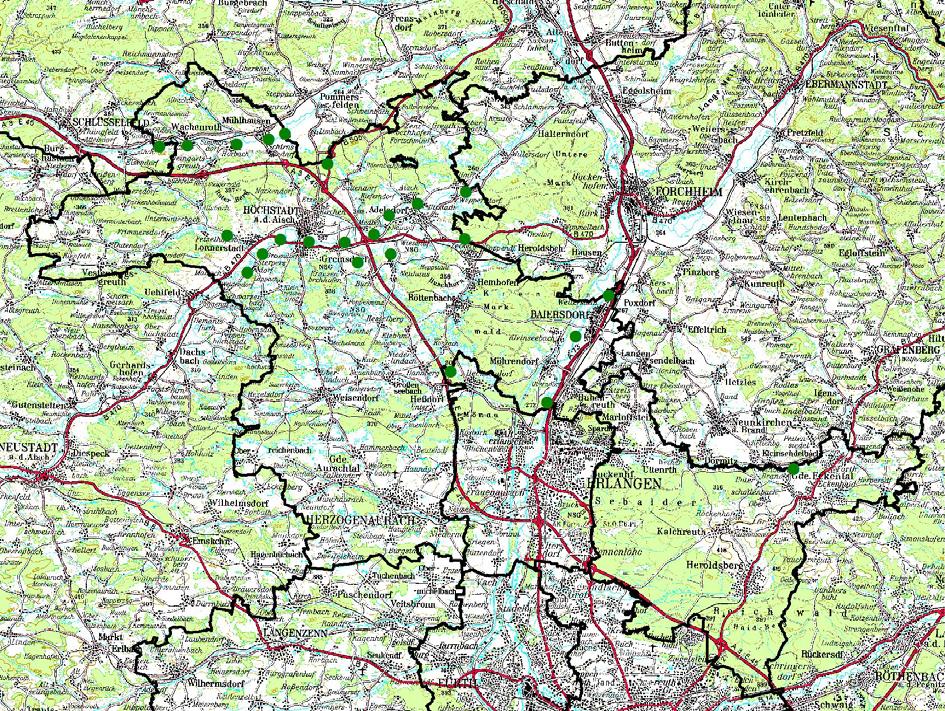SCHWAB (2009) Bibermonitoring in Bayern 1 Landkreis Erlangen-Höchstadt Abbildung 2: Biberverbreitung (Revierzentren) im Landkreis Erlangen-Höchstadt Im Landkreis Erlangen-Höchstadt wurden 24