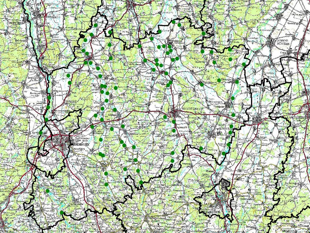 3 Landkreis Unterallgäu Abbildung 4: Biberverbreitung (Revierzentren) im Landkreis Unterallgäu Im Landkreis Unterallgäu wurden 95 Biberreviere kartiert.