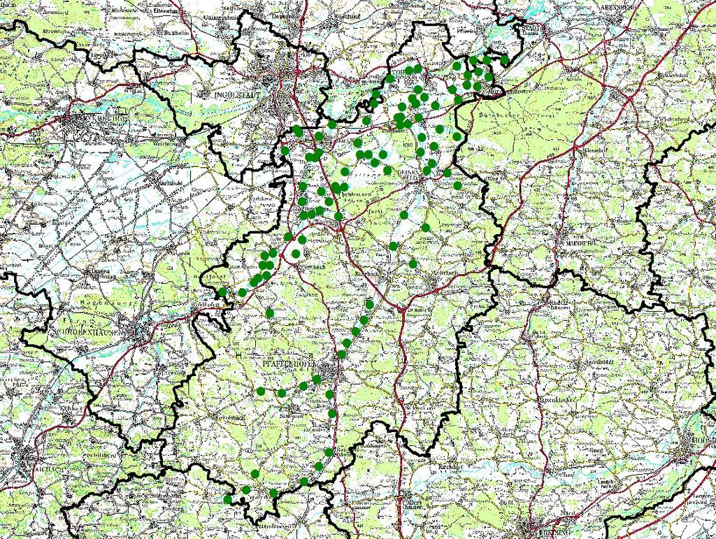 5 Landkreis Pfaffenhofen Abbildung 6: Biberverbreitung (Revierzentren) im Landkreis Pfaffenhofen Im Landkreis Pfaffenhofen wurden mit 105 Revieren 8 Reviere mehr gefunden als bei der Kartierung 2000.