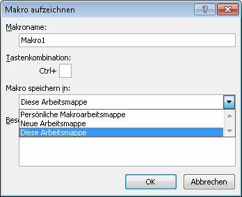 Wählen Sie im Listenfeld MAKRO SPEICHERN IN des Dialogfensters MAKRO AUFZEICHNEN die Arbeitsmappe aus, mit der das Makro gespeichert werden soll.