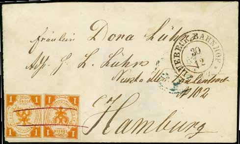 nebengesetztem Doppelkreisstempel LUEBECK BAHNHOF 30 12 (1860) nach Hamburg; rückseitiges Siegel ausgeschnitten, sonst gute Erhaltung; ein seltener und attraktiver Brief aus bekannter Korrespondenz