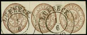 HANSESTADT LÜBECK 35 1864, Steindruck 9678 13b 5 1¼ Schilling dunkelbraun, 3 Einzelstücke, je auf Briefstück mit L2 bzw. Doppelkreisstempel LUEBECK BAHNHOF bzw.