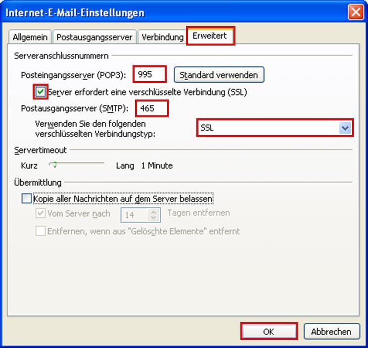 Bestätigen Sie den Dialog mit einem Klick auf die Schaltfläche OK 2.5 Manuelle Konfiguration fertigstellen Outlook springt nun zum Dialog "Internet-E-Mail-Einstellungen" zurück (vgl.
