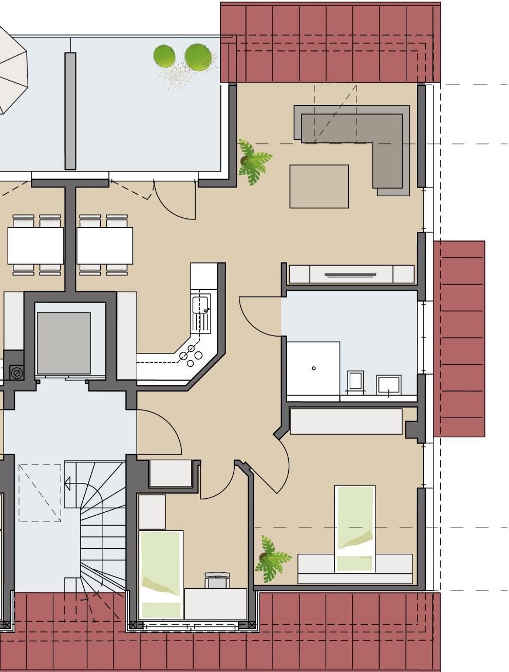 75,7 m² Wohnfläche (Brutto) ) Nicht barrierefreie Möblierungsvariante: Wohnen 7,5 m² Bodengleiche Dusche 11,4 m² (13,7 m²) 7,5 m²