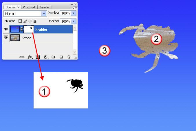 10. Anwendung von Ebenenmasken bei Montagen: Der Hinterleib der Krabbe scheint im Sand zu versinken. Warum?
