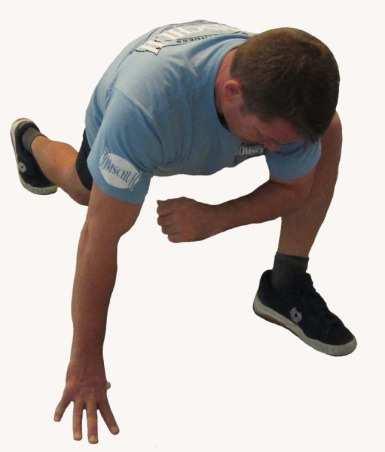 Ausfallschritt nach hinten und Oberkörperdrehung: -Ausfallschritt nach hinten, hintere Bein leicht gebeugt, vordere Bein 90 im Knie gebeugt -Oberkörper