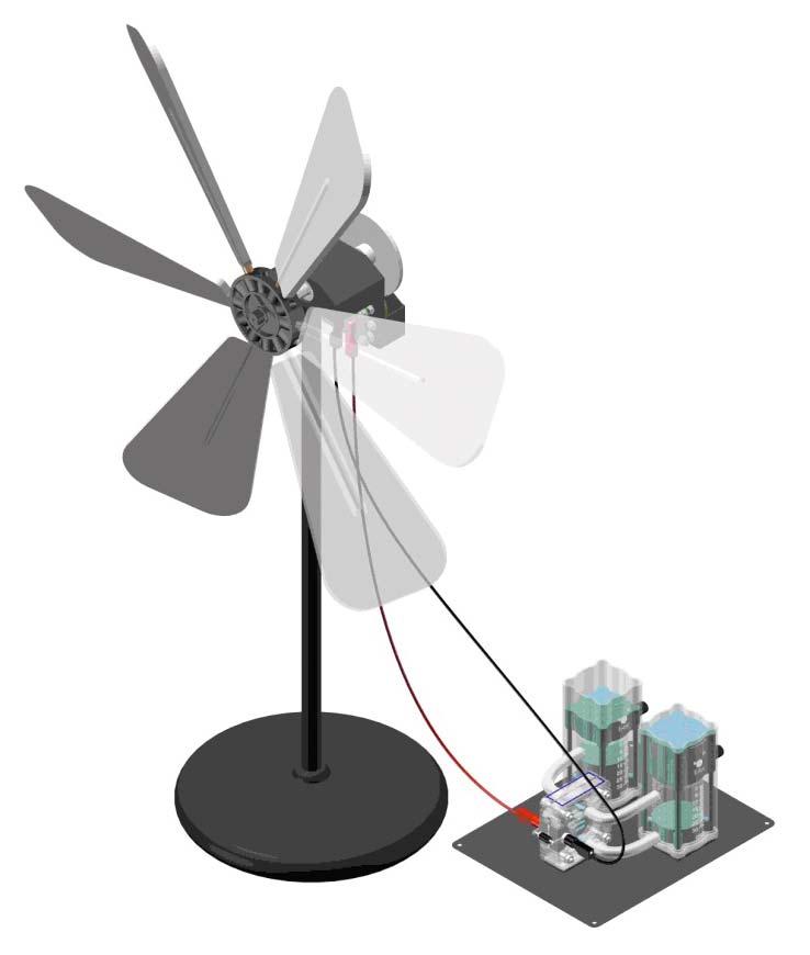 Betrieb der Windturbine Wind Turbine Abb. 3: Betrieb eines Elektrolyseurs mit der Wind Turbine Schließen Sie einen elektrischen Verbraucher, z.b. einen Elektrolyseur oder ein Multimeter an die Buchsen der Gondel.