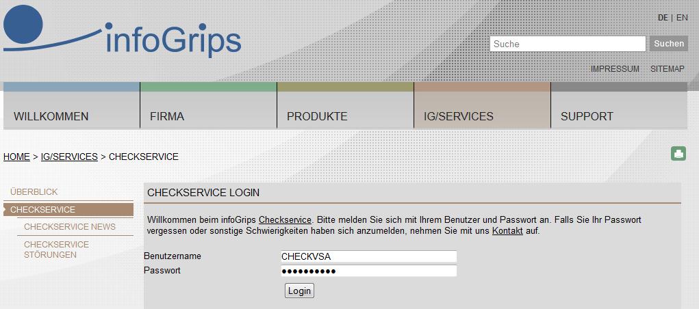 Zugang http://www.infogrips.ch/checkservice_login.
