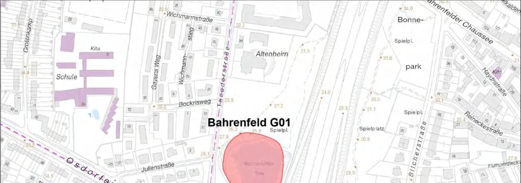 Monitoringflächen im Bezirk Altona Bahrenfeld G01 Abbildung 1: Monitoringfäche Bahrenfeld G01 im Bezirk Altona. Hintergrund: DK5, Landesbetrieb für Geoinformation und Vermessung (LGV), Hamburg.