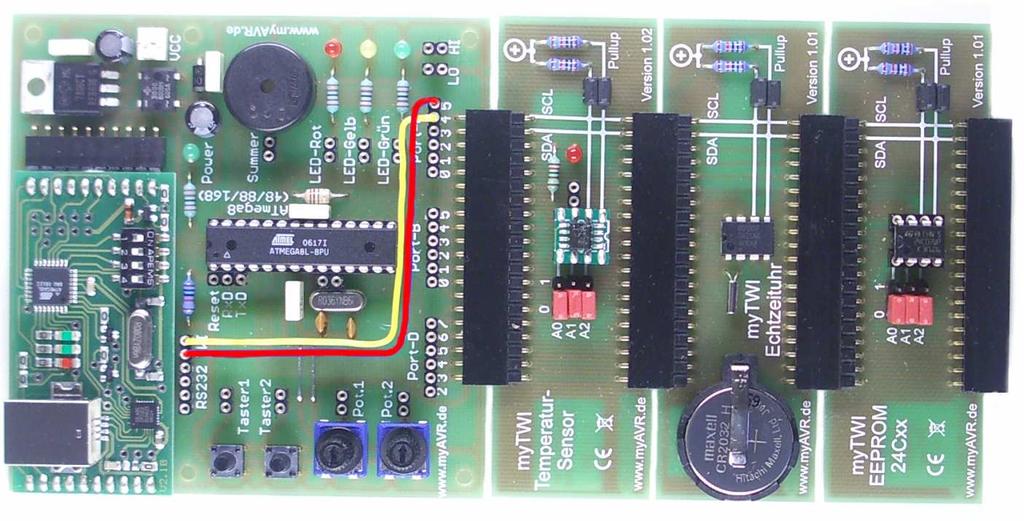 8/10 Technische Beschreibung / Description produit mytwi Capteur de température 1.02 Test des Temperatursensors mit dem USB-Terminal 1. stecken Sie das mytwi Add-On an das myavr Board an 2.