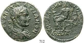 PHRYGIEN, COTIAEUM 712 Valerianus I., 253-260 Bronze. 10,71 g. Magistrat Publios Ailios Demetrianos Hipparchos. Drapierte und gepanzerte Büste r.