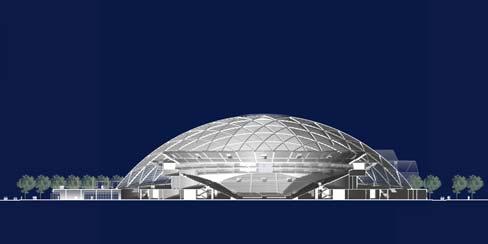 Bild 23 Sporthalle Stuttgart Dreiecksmaschen aus gekrümmten Brettschichtholzträgern bilden eine echte kontinuierliche Schale.