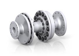 Double-cardanic displacement coupling with thrust mounts For structure-borne sound insulation and for compensation of high radial and angular transmission movements.