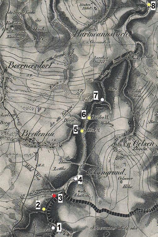 Alte Mühlen an der Gottleuba Seite 14 A+ S. FISCHER 2.2 Oberlauf der Gottleuba Abb. 2.3: Die Hämmer und Mühlen an der Gottleuba im Oelsengund auf der Karte von Oberreit von 1821.