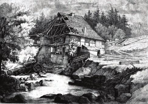 G21: Heringmühle Langenhennersdorf Abb. 2.107: Die Heringmühle nach dem Wolkenbruch vom 26. Juli 1854. Unbekannter Zeichner. Abb. 2.108: Die Heringmühle nach dem Hochwasser 1897.