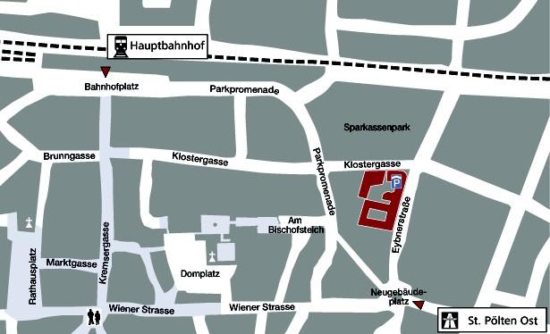 Anreise Mit der BAHN: Das Bildungshaus befindet sich in unmittelbarer Nähe (ca. 5-10 Gehminuten) des St. Pöltner Hauptbahnhofs.