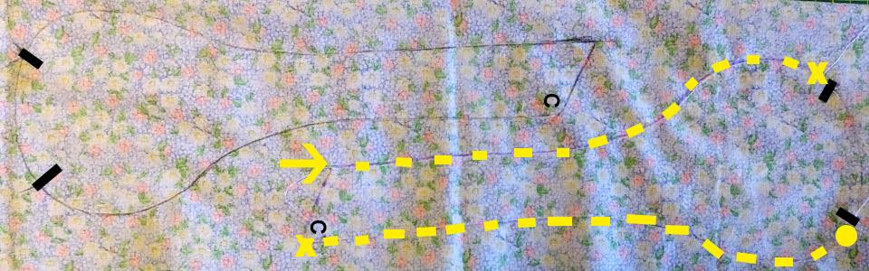 Schritt 6 - Schwänzchen anzeichnen: Stoff doppelt legen (rechts auf rechts) und anzeichnen. Später beim gelben Pfeil mit dem Nähen beginnen und beim X enden.