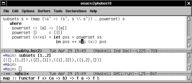 Haskell im Linux-Pool Editor emacs kommt mit haskell-mode, beherrscht syntax coloring, rückt automatisch ein ( 2-dimensionale Syntax, layout), interagiert mit ghci.