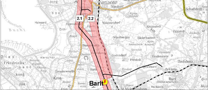 von Lohe-Rickelshof ist in Teilen eine Bündelung mit der A23 möglich Aufgrund der Nähe zu den Schutzgebieten im