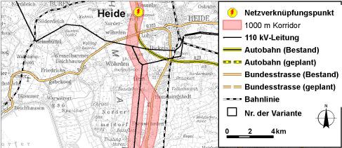 GFN Abschnitt 2 Barlt Heide Zwei alternative Korridore Die westliche Variante K2.1 weist geringere Konfliktpotenziale als die weiter östlich verlaufende K2.2 auf, v.a. in Bezug auf Siedlungen und das Landschaftsbild.