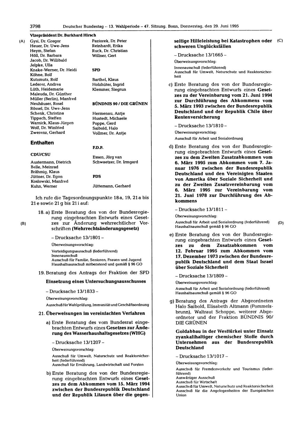 3798 Deutscher Bundestag -- 13. Wahlperiode 47. Sitzung. Bonn, Donnerstag, den 29. Juni 1995 Vizepräsident Dr. Burkhard Hirsch Gysi, Dr. Gregor Heuer, Dr. Uwe-Jens Heym, Stefan Höll, Dr.