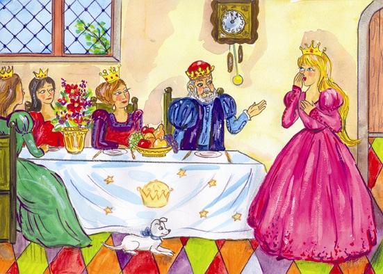 Im Schloss findet die Prinzessin ihre Familie beim Tisch. Sie erzählt über den Ball und den Frosch. Plötzlich klopft jemand an der Tür. Alle hören eine Stimme: Königstochter, mach mir auf!