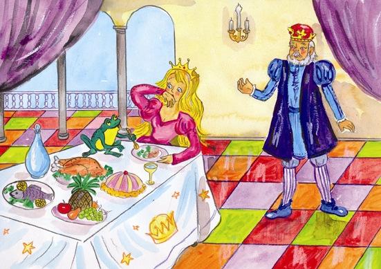 Die Prinzessin öffnet die Tür und der Frosch springt auf den Tisch. Er frisst Braten, Fisch, Kuchen und Obst mit der Gabel der Königstochter. Alles schmeckt ihm sehr.
