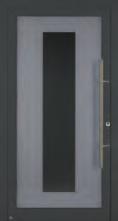 116 Abb: Türprofil in Vorzusfarbe Graualuminium RAL 9007, strukturiert Motivglas außen VSG mit mattierten Rechtecken, Mitte Reflo mit